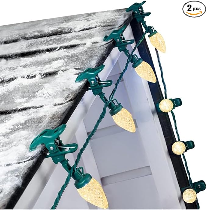 C9 Christmas Lights Outdoor with 100 Spring Clips, 65FT 100 LED C9 String Lights Waterproof Connectable for Roofline Patio House Yard Windows Indoor Outdoor Christmas Decorations, Warm White 2 Pack