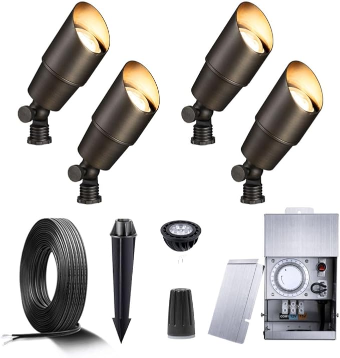 Gardenreet Brass Landscape Lighting Kit (4-Pack LED Spotlights) with Low Voltage Transformer 75W and Mechanical | Lumora