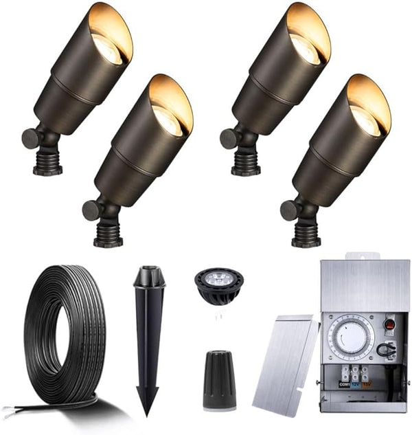 Gardenreet Brass Landscape Lighting Kit (4-Pack LED Spotlights) with Low Voltage Transformer 75W and Mechanical | Lumora