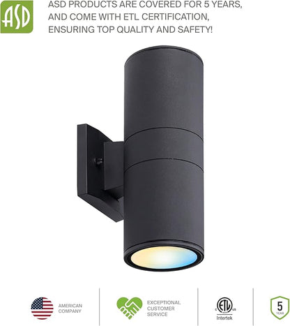 ASD 2 Light LED Indoor & Outdoor Wall Light Fixture | 18W 1900LM 3000K-5000K 120V Cylinder Up Down Lights | Dimmable Waterproof Exterior Wall Sconce | Front Door, Porch, Patio | Black, ETL 2 Pack