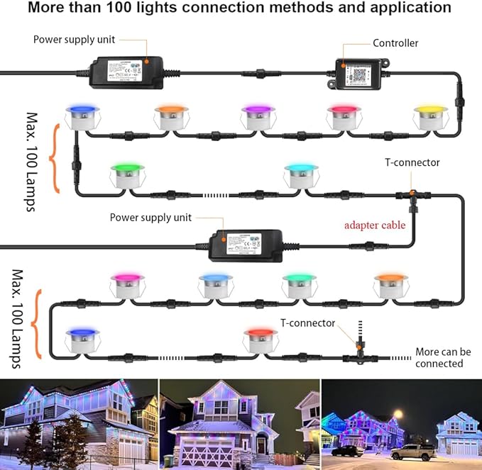 LED Deck Lights Kit 50 Pack, 1.22" Low Voltage WiFi RGBW+IC Multicolor Dynamic Recessed Deck Lighting Work with Alexa/Google Home, IP67 Waterproof 12V Step Lights Outdoor for Garden Yard Path Stairs