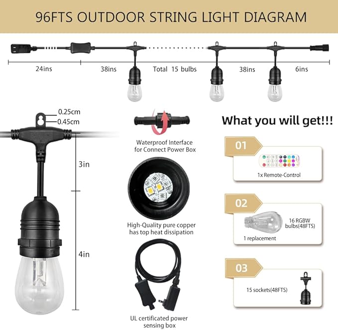 GANA Outdoor String Lights, Patio Lights 96FT Music Flash RGBW Colourful, Safe 12V Low Voltage LED Shatterproof | Lumora