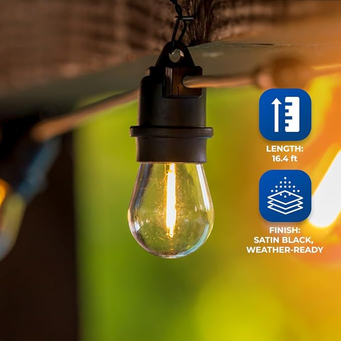 Outland Living Bluetooth String Lights with Speakers – 16.4 ft Outdoor LED Patio Lights, 8 Warm White E26 Bulbs + 2 Bluetooth 5.0 Speakers, Linkable to 32 ft, 10 ft Power Cord