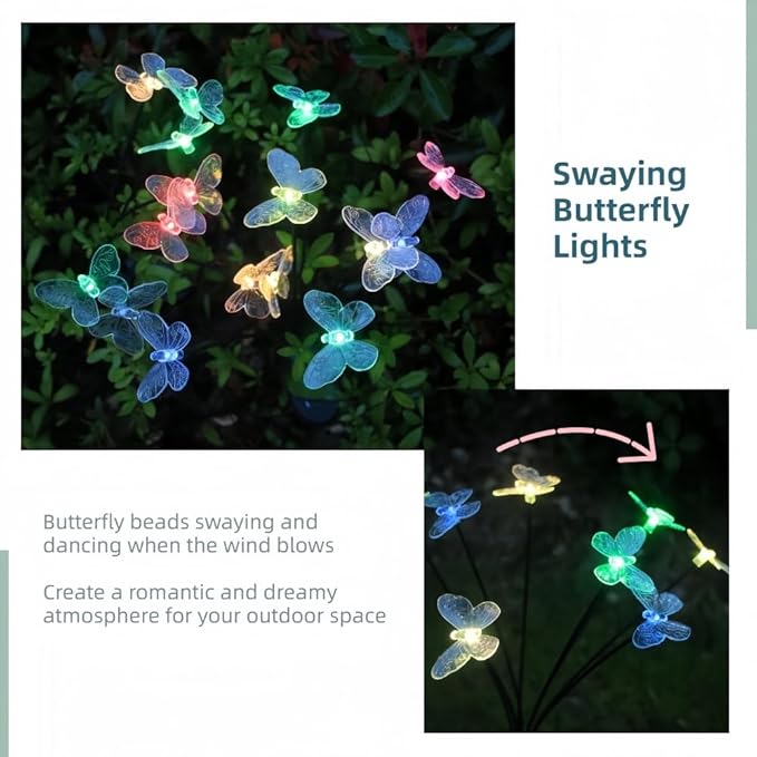 Solar Garden Lights Outdoor Waterproof 4 Pack 32 LED Decorative Color Changing Swaying Butterfly Lights Garden Decor Stakes for Outside Yard Pathway Lawn Grave Decor