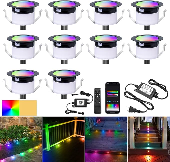 LED Deck Lights Kit, 10Pack 1.22" Low Voltage WiFi RGBW+IC Multicolor Dynamic Recessed Deck Lighting Work with Alexa/Google Home, IP67 Waterproof 12V Step Lights Outdoor for Garden Yard Path Stairs
