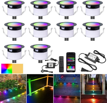 LED Deck Lights Kit, 10Pack 1.22" Low Voltage WiFi RGBW+IC Multicolor Dynamic Recessed Deck Lighting Work with Alexa/Google Home, IP67 Waterproof 12V Step Lights Outdoor for Garden Yard Path Stairs