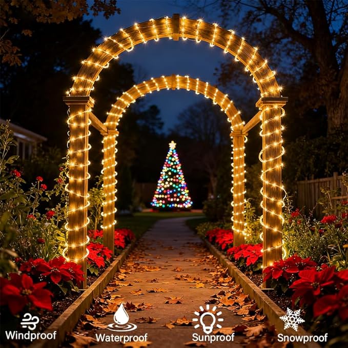 Honche Solar Rope Light 33FT 100LED IP65 Waterproof Outdoor LED Copper Fairy String Tube Lights for Party Gazebo Garden Patio Stair Balcony Fence Tree Daily Christmas Decoration (Solar-Warm White)