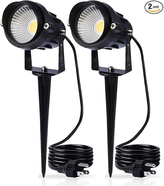 Outdoor Landscape Lighting 10W,120V AC,Warm White Waterproof LED Landscape Lights for Yard,Patio,Lawn, Wall, Flood,Driveway,Tree Lighting,Metal Ground Stake (2 Packs)