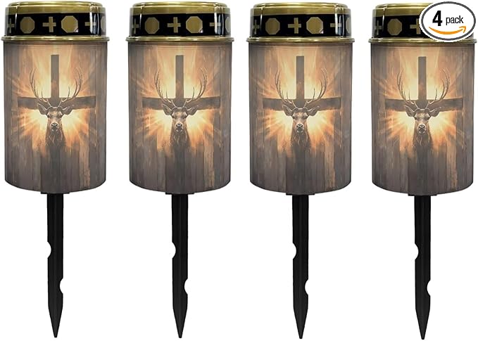 Poceacles 4 PCS Cross Outdoor Solar Lights Solar Garden Lights Cemetery Solar Lights Water Resistant Pillar Candle Solar Garden Stake Lights for Cemetery Grave Decorations, Deer Cross Wood Grain