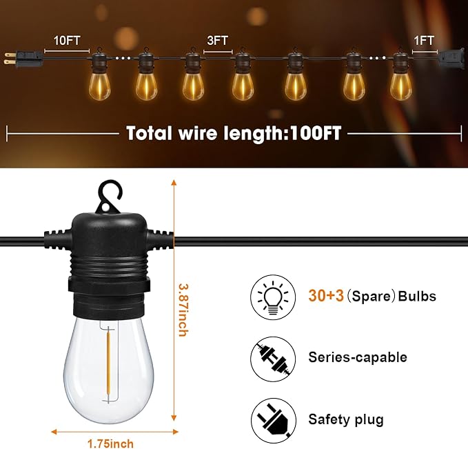 100FT LED Outdoor String Lights, Commercial Grade Patio Lights with 30+2 Shatterproof S14 Edison Vintage Bulb for | Lumora
