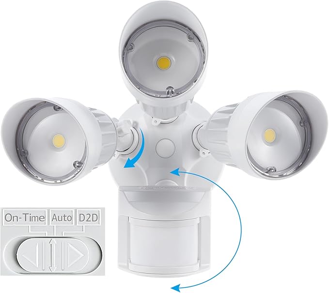 LEONLITE COB LED Security Lights Motion Sensor, Aluminum Flood Lights Outdoor, 3 Modes Motion Detector+Dusk to Dawn+Switch Control, 100-277V, Adjustable 3-Head, IP65, ETL, 5000K Daylight, White