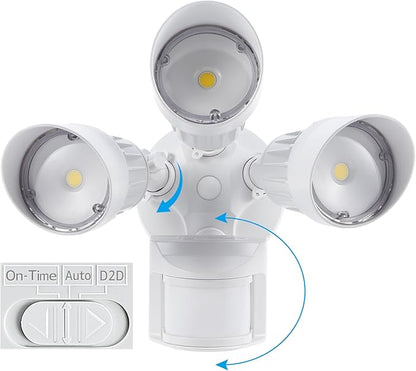 LEONLITE COB LED Security Lights Motion Sensor, Aluminum Flood Lights Outdoor, 3 Modes Motion Detector+Dusk to Dawn+Switch Control, 100-277V, Adjustable 3-Head, IP65, ETL, 5000K Daylight, White