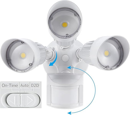 LEONLITE COB LED Security Lights Motion Sensor, Aluminum Flood Lights Outdoor, 3 Modes Motion Detector+Dusk to Dawn+Switch Control, 100-277V, Adjustable 3-Head, IP65, ETL, 5000K Daylight, White