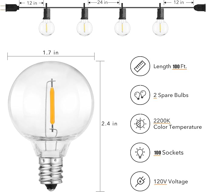 Brightown LED Outdoor String Lights Patio Lights 100FT with 104 LED Bulbs, Shatterproof Weatherproof Commercial | Lumora
