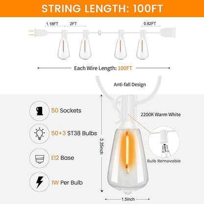 LED Outdoor String Lights 100ft ST38 White Waterproof Patio Lights with 50 Vintage Shatterproof Bulbs(3 Spare), Dimmable Outside Hanging Edison String Lights for Backyard Porch Balcony, Warm White