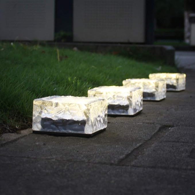 Solar Glass Brick Lights, LED Brick Lights for Garden Landscape Path, Ice Cube Rocks Solar Lamp,White