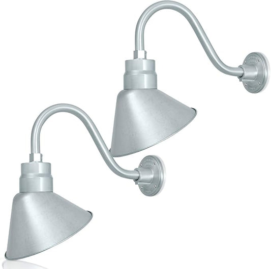 10in. Galvanized Finish Angle Shade Gooseneck Sign Light Fixture With 14.5 in. Long Extension Arm - Wall Sconce Farmhouse, Antique - UL Listed - 9W 900lm A19 LED Bulb (5000K Cool White) - 2-Pack