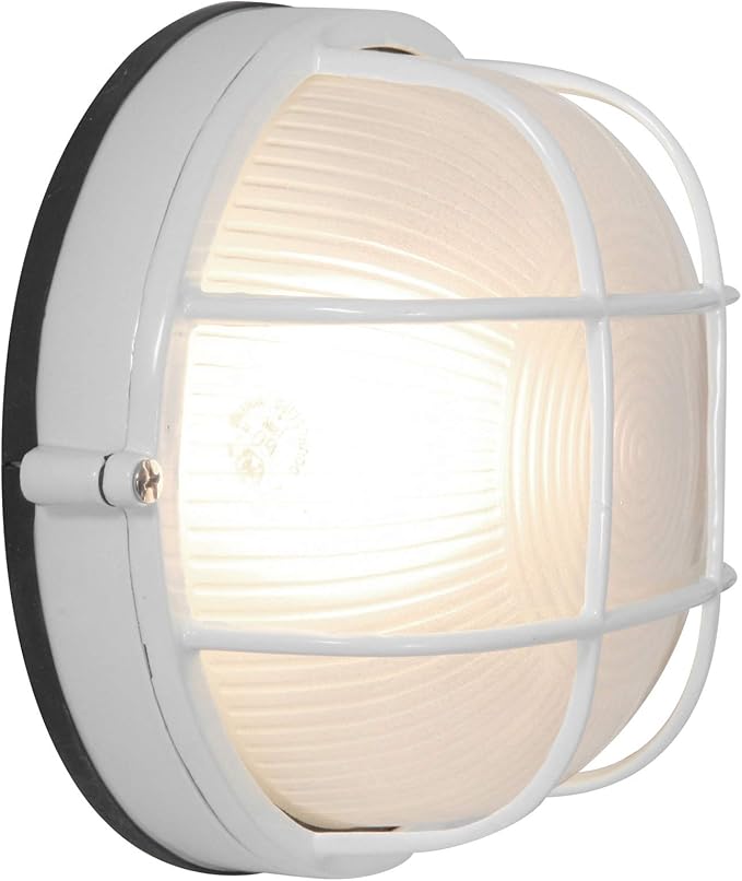 Nauticus - Round 7"dia Wet Location Bulkhead - Black Finish - Frosted Glass Shade - Outdoor Wall Light | Lumora