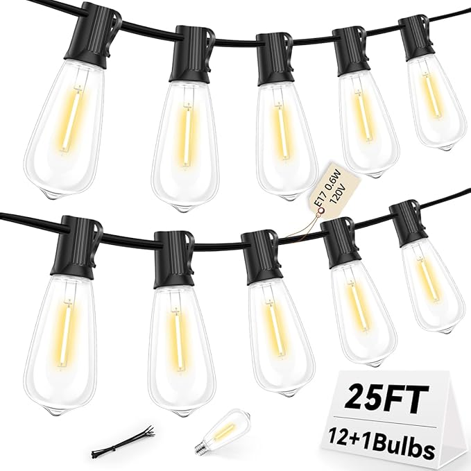 ST40 25FT Outdoor LED String Lights with 12+1 Shatterproof Bulbs,E17 Socket, 2700K Warm White,Weatherproof, 0.6W | Lumora