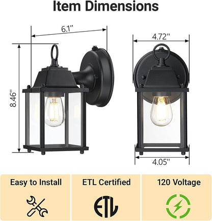 LIT-PaTH Dusk to Dawn Outdoor Wall Lantern, Wall Sconce Waterproof Porch Lighting Fixture, E26 Base, Aluminum Housing with Glass Shade, 1-Pack, Black