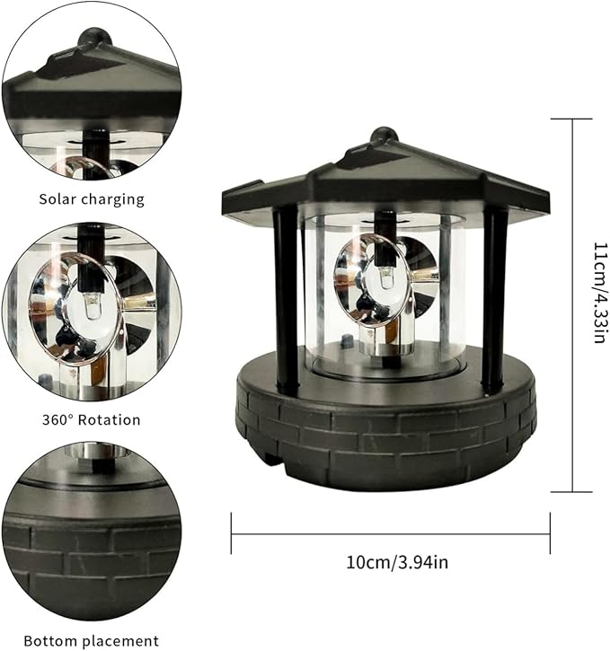 Solar Powered Rotating Lighthouse 360 Degree Rotating Lamp with High Brightness Eco-Friendly LED Lights Waterproof Statue for Garden, Yard, Outdoor Deco, Black