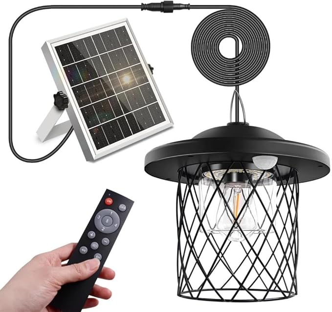 Solar Lights Indoor Outdoor Solar Powered Shed Light with Switch Remote Timer 3 Color IP65 Waterproof Pendant for Barn Gazebo