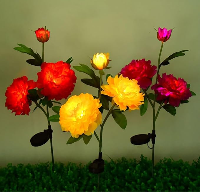 Solar Peony Flower Lights 2pcs Waterproof Garden Outdoor Lights Led Decorative Flowers Stake Light for Home Backyard Pathway Patio Yard Walkway Decoration (Yellow)