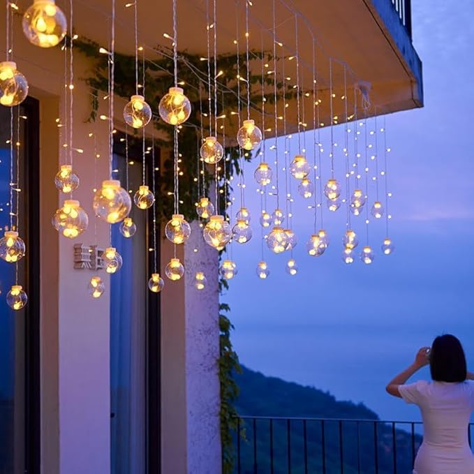 Solar Wishing Ball Fairy Curtain Lights, Waterproof 8 Modes Flashing String Lights with Remote Control for Bedroom, Christmas, Wedding, Party Decoration (Warm White)