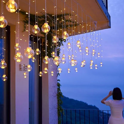 Solar Wishing Ball Fairy Curtain Lights, Waterproof 8 Modes Flashing String Lights with Remote Control for Bedroom, Christmas, Wedding, Party Decoration (Warm White)