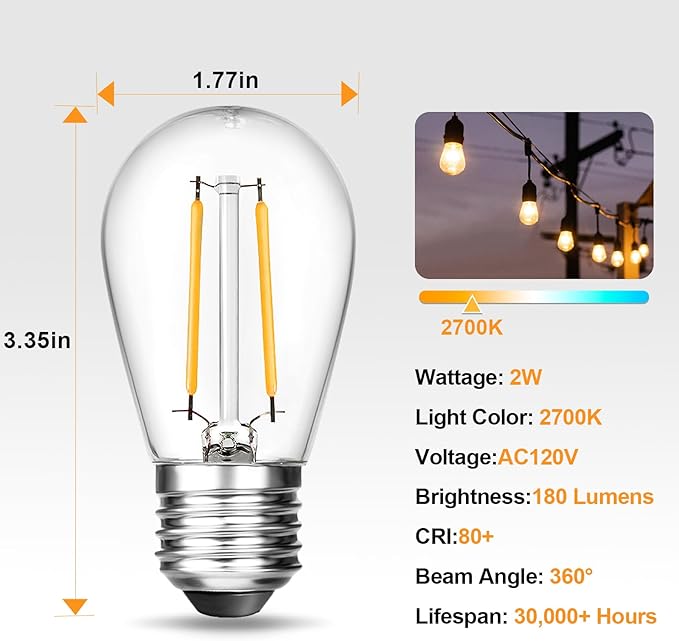 BRIMAX 100FT Outdoor String Lights 2W 30 Hanging Bulbs,with Additional 25 Pack S14 Replacement LED Bulbs,2700K Soft Warm White, Shatterproof Waterproof