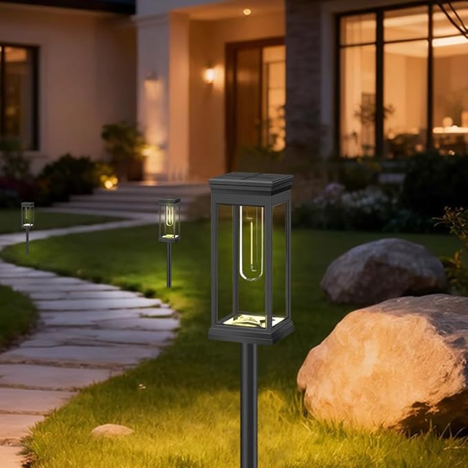 Solar Pathway Lights Outdoor, LED Garden Stake Light with Automatic Charging, Black ABS Plastic, 21.26 Inch Height, Warm White 3000-4000K, Ground Mount Landscape Lighting (Black Square, 8, Count)