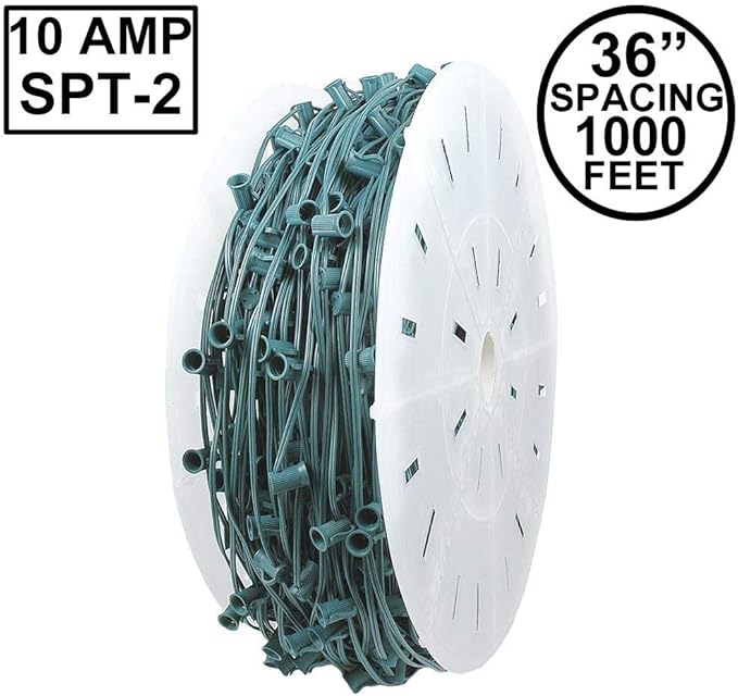 Novelty Lights 1,000 Feet C7/E12 Socketed Wire Spool, 36 Inch Spacing, Green Wire 10 Amp SPT-2 Commercial Grade | Lumora