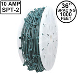 Novelty Lights 1,000 Feet C7/E12 Socketed Wire Spool, 36 Inch Spacing, Green Wire 10 Amp SPT-2 Commercial Grade | Lumora