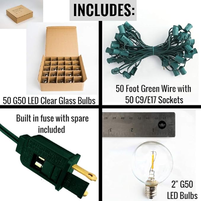 Hometown Evolution, Inc. G50 2" LED Filament Outdoor Patio String Lights with 0.6 Watt Light Bulbs (G50 LED - Green | Lumora