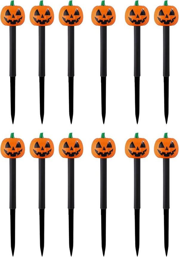 (12) Halloween Solar LED Pumpkin Stake Lights, 13in Easy Install Plastic Solar-Powered Yard Stakes Spooky | Lumora