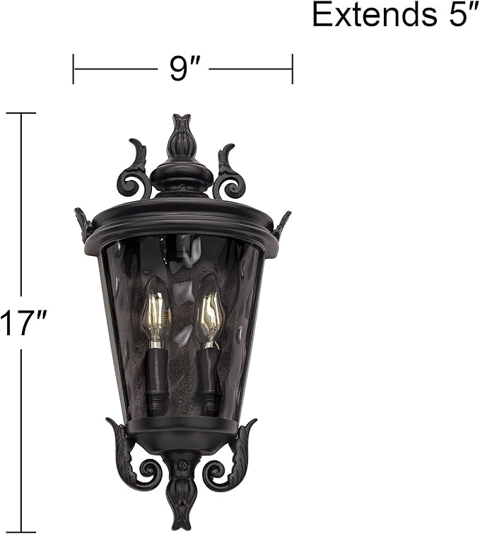 John Timberland Casa Marseille European Outdoor Wall Light Fixture Textured Black Scroll 17" Clear Hammered Glass | Lumora