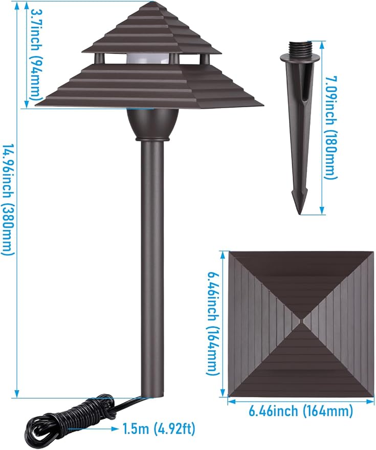 LEONLITE 3CCT Low Voltage Pathway Lights, LED Landscape Path Lights, 3000K/4000K/5000K, 2-Tier Pagoda Head, 12-15V AC/12-24V DC, IP65 Outdoor Walkway Light, Bronze Aluminum Housing, Pack of 6