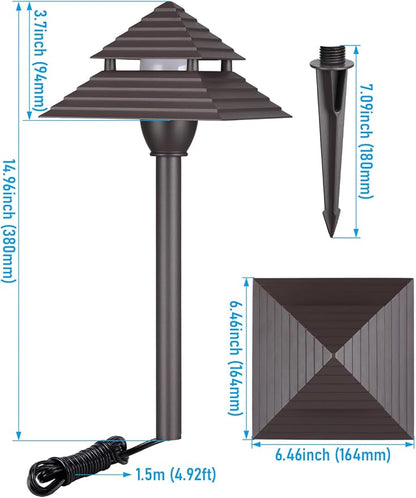 LEONLITE 3CCT Low Voltage Pathway Lights, LED Landscape Path Lights, 3000K/4000K/5000K, 2-Tier Pagoda Head, 12-15V AC/12-24V DC, IP65 Outdoor Walkway Light, Bronze Aluminum Housing, Pack of 6