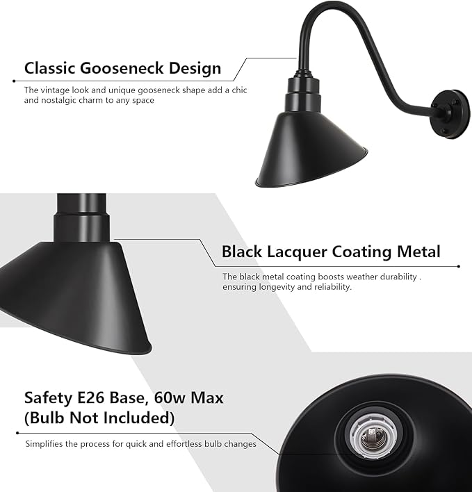 10-Inch Vintage Outdoor Gooseneck Barn Light with Extended Arm Design – Ideal for Illuminating Outdoor Store Signs | Lumora