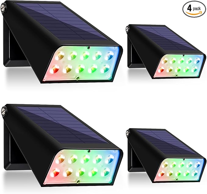 Solar Lights for Fence, 90° Adjustable, White&7 Color Cycling&RGB,IP65 Waterproof LED Deck Light, Dusk to Dawn Wall Lights for Backyard, Outside, Pool, Garden, Step.