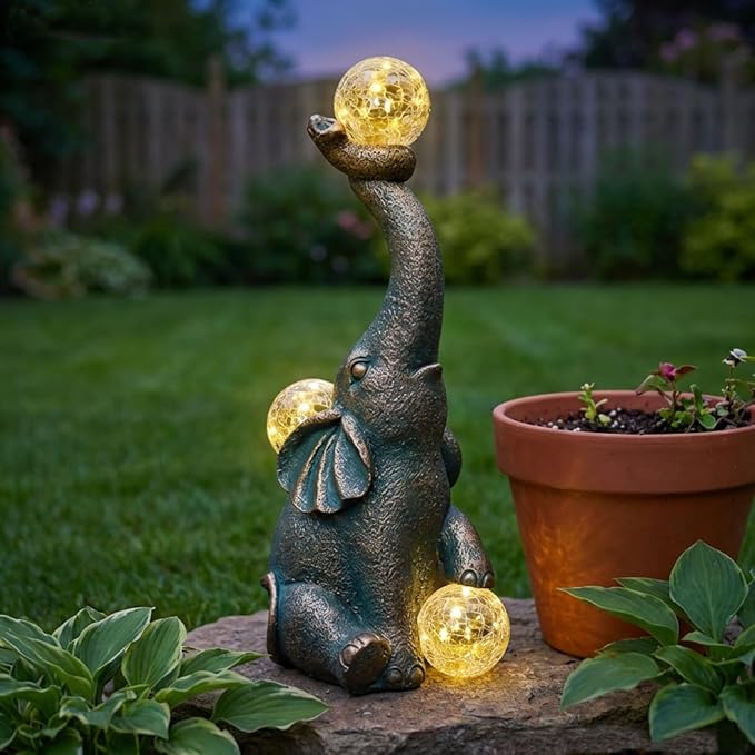 Solar Elephant Statue Outdoor Decor with 15 LED Crackle Ball, Garden Patio Sculpture Light, Waterproof Lucky | Lumora