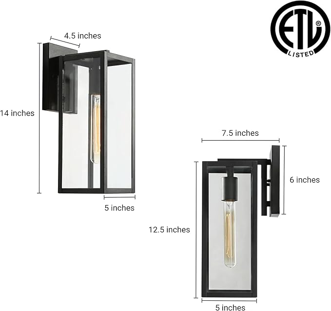 LALUZ Black Outdoor Wall Lights, Modern Farmhouse Outdoor Light Fixture Wall Mount with Clear Glass, Waterproof Rectangular Exterior Outdoor Sconce Wall Lantern Lights for House, Porch, Patio, Garage
