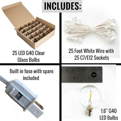 Hometown Evolution, Inc. G40 LED Warm White Outdoor Patio String Lights with 0.6 Watt Bulbs (G40 LED Filament - White Wire, 25 ft)