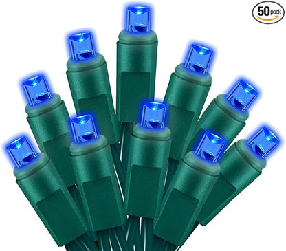 25ft 50 Counts Blue LED Christmas Lights - Commercial Grade Outdoor Waterproof, Wide Angle Green Wire, Xmas Tree Lights, IP65, UL Listed
