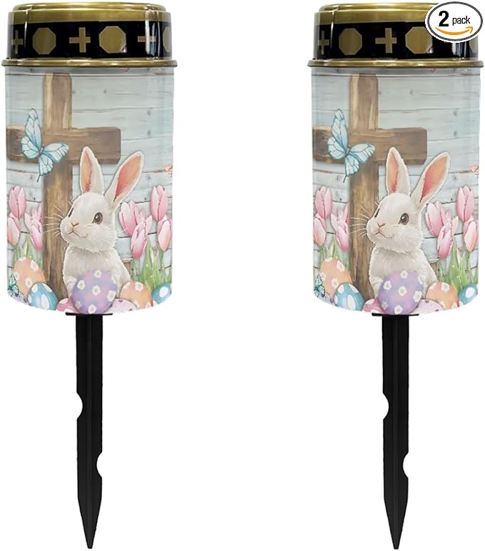 Rabbit Cross Cemetery Lights for Grave Easter Solar Waterproof Decorative Solar Lights Outdoor Garden Pet Graves Outdoor Solar Powered Grave Lamp Memorial Gift Decor 2 Pack
