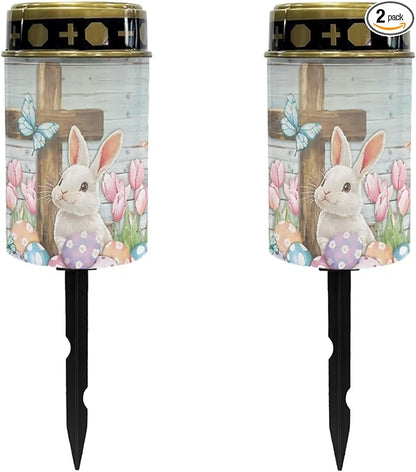 Rabbit Cross Cemetery Lights for Grave Easter Solar Waterproof Decorative Solar Lights Outdoor Garden Pet Graves Outdoor Solar Powered Grave Lamp Memorial Gift Decor 2 Pack