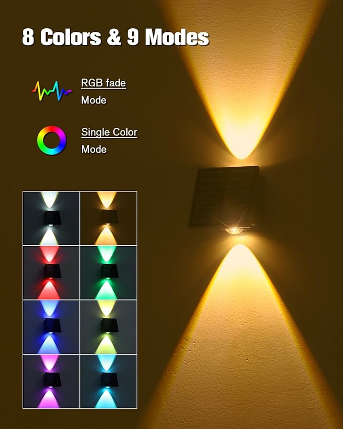VOLISUN Solar Fence Lights 6 Pack, Color Glow LED Up and Down Wall Lamp, IP65 Waterproof Solar Lights Outdoor for Patio, Backyard, Railing, Deck, Fence and Wall（2 Lenses）