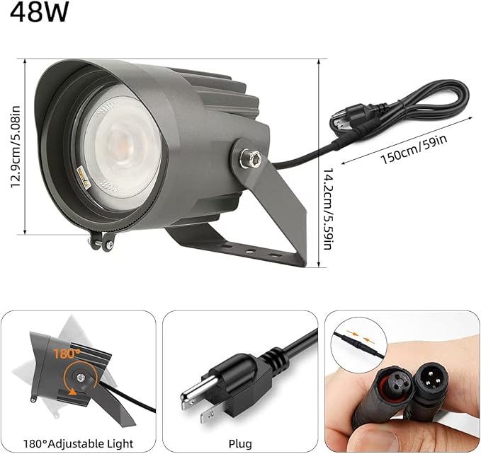 Led Landscape Outdoor Spot Light with Anti-glare Cap - Heavy Duty Waterproof IP67 120V Accent Light 270⁰ Adjustable Mount, 3000K Thickened Aluminum Spotlight for Bldg Yard Garden Tree (48 Watts)