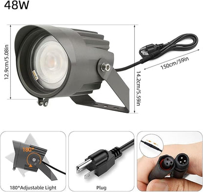 Led Landscape Outdoor Spot Light with Anti-glare Cap - Heavy Duty Waterproof IP67 120V Accent Light 270⁰ Adjustable Mount, 3000K Thickened Aluminum Spotlight for Bldg Yard Garden Tree (48 Watts)