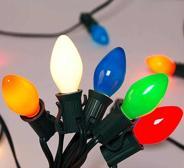 C7 Vintage Christmas String Lights Multicolor, 25FT Outdoor Incandescent Lights with 27 Ceramic Bulbs (2 Spare) | Lumora